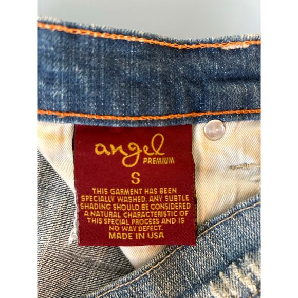Y2K Vintage Angels Denim skirt size S micro mini distressed embroidered raw hem - Picture 4 of 10